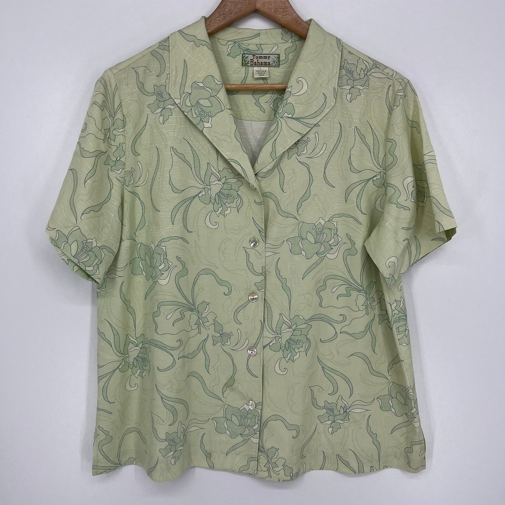Tommy Bahama Womens Large Sage Green Floral 100% Silk Short Sleeve Button Shirt